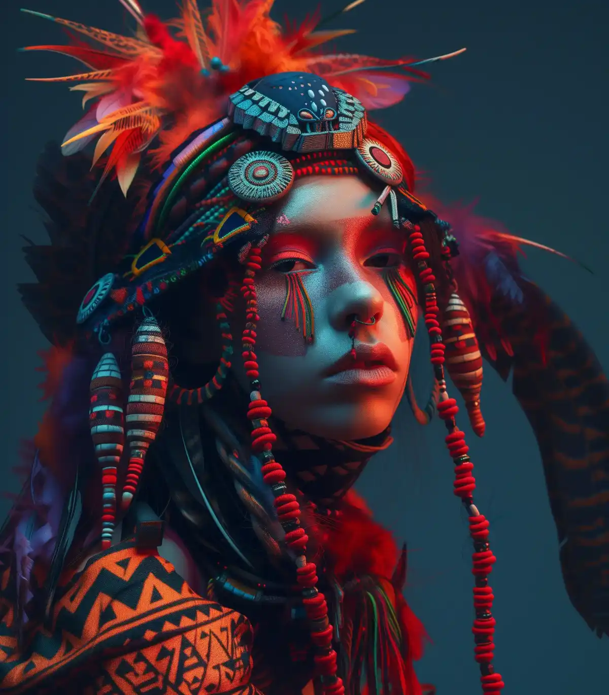 Woman in vibrant tribal headdress and face paint