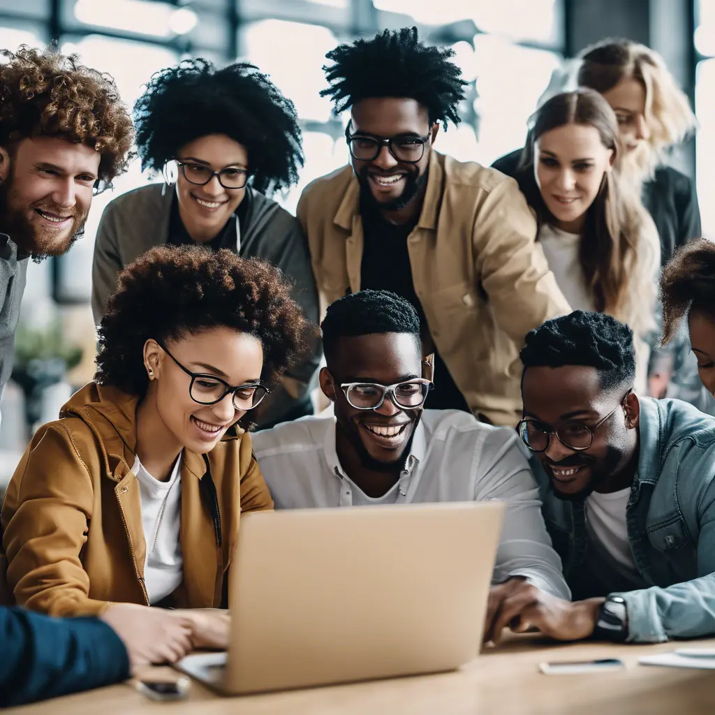 Mastering Social Media Influencer Branding: A Complete Guide. Diverse team collaborating around a laptop in office.