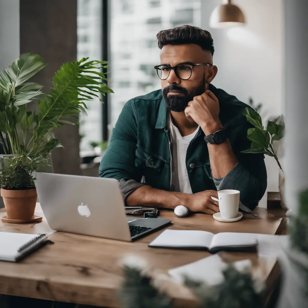 Mastering Social Media Influencer Branding: A Complete Guide. Bearded man pondering at laptop in modern office.